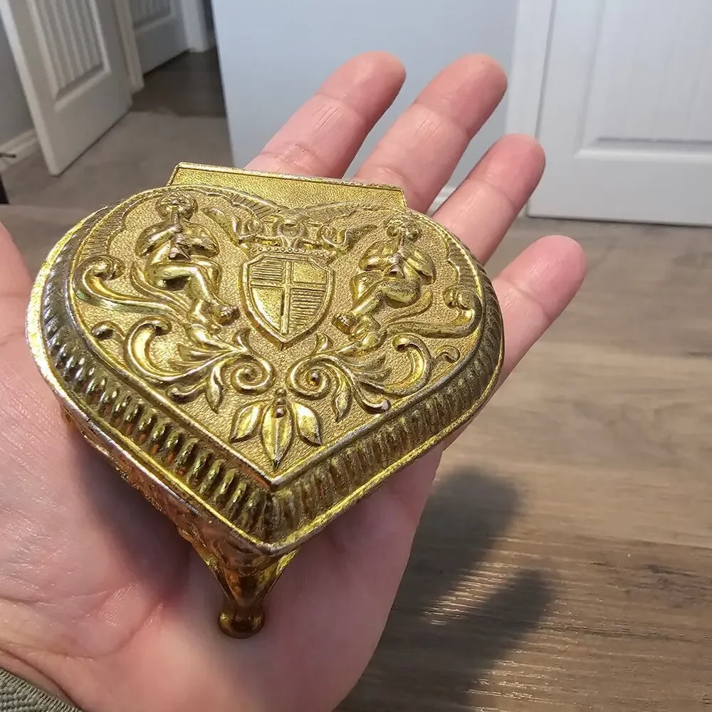 Vintage Gold Metal Heart Trinket Jewelry Box Cherub Velvet Japan Renaissance